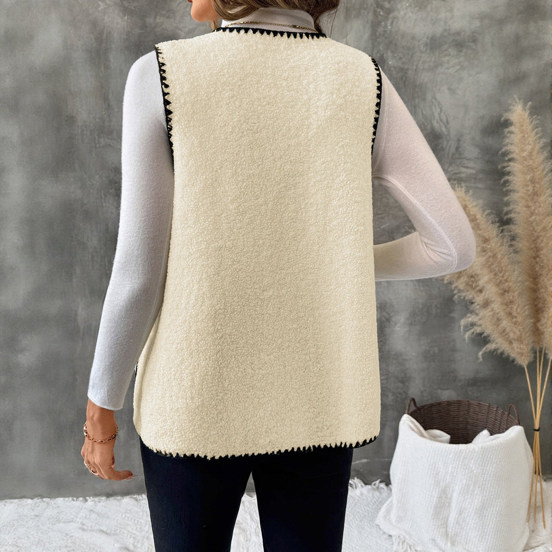 Dam Sleeveless Teddy väst med kontrast Decorative Stitching och påsydda fickor