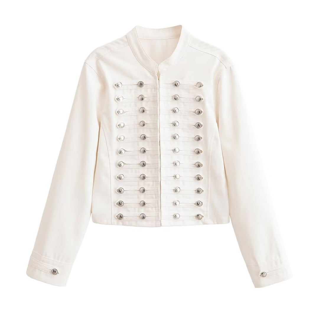 Dam Kort Jacka i A Military-Inspired Marching Uniform Look med Dekorativ Chain Knappar