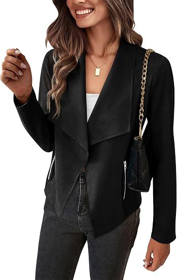 Dam Faux Mocka Waterfall Blazer med Asymmetrical Fåll och Fickor med Dragkedja
