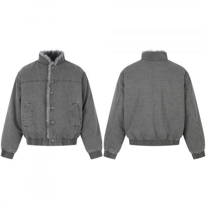 Herr kort skärning blouson jacka med fusk päls foder, ståkrage och elastisk fåll