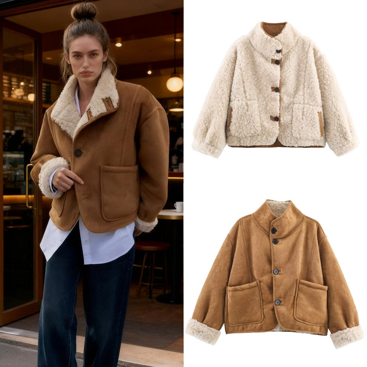 Dam Kort Lambskin Imitation Jacka i Boxig Skärning med Ståkrage och Stor Outer Fickor