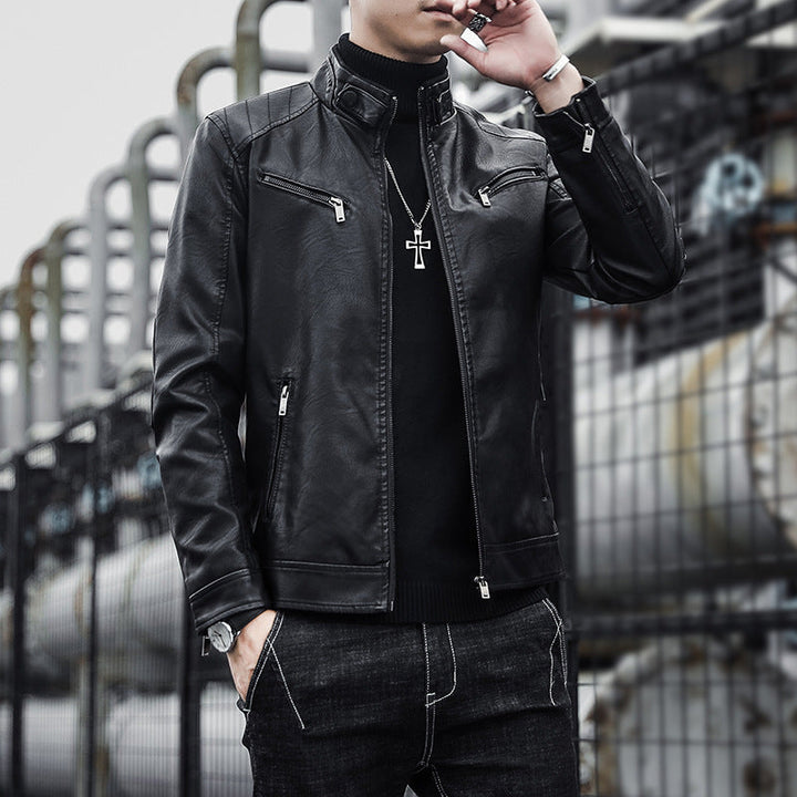 Herr Konstläder Moto Jacka i Aviator Stil med Stående Krage och Funktionell Dragkedjor