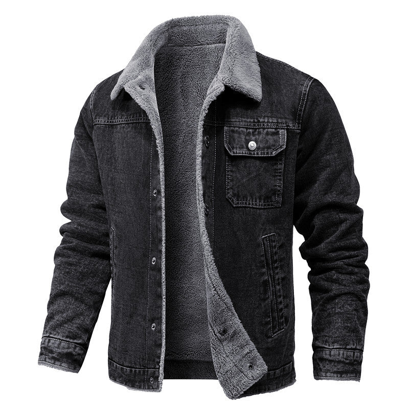 Herr Sherpa-lined denimjacka med teddyfoder och bröstficka