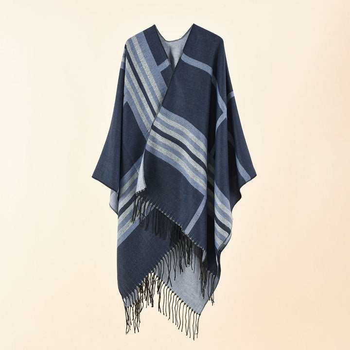 Dam Kastiger Ruana Wrap med Fringes och Diagonal Stripe Jacquard