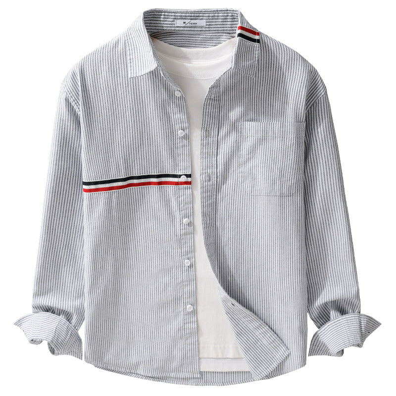 Herr Randig Overshirt Tillverkad av Bomullsblandning med Bröstficka och Sportig Kontrast Tape