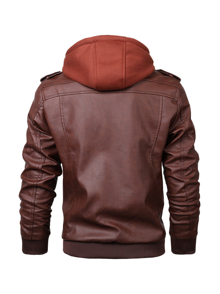 Herr Urban med Huva Läder Jacka i Biker Stil med Dragkedja Detaljer och Ribbad Muddar