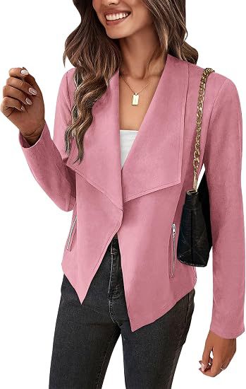 Dam Faux Mocka Waterfall Blazer med Asymmetrical Fåll och Fickor med Dragkedja