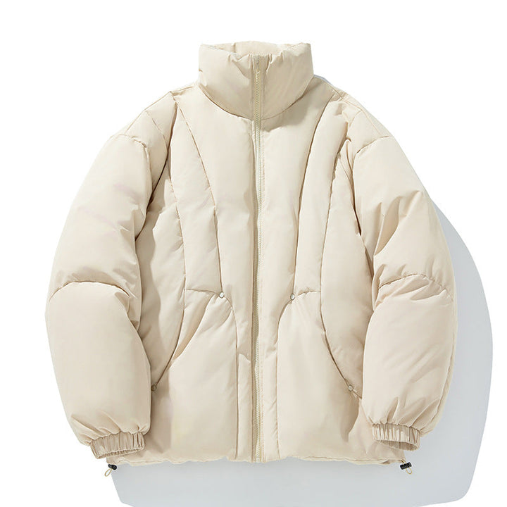 Unisex Boxy pufferjacka med vertical kviltad design, hög ståkrage, och fåll med dragsko