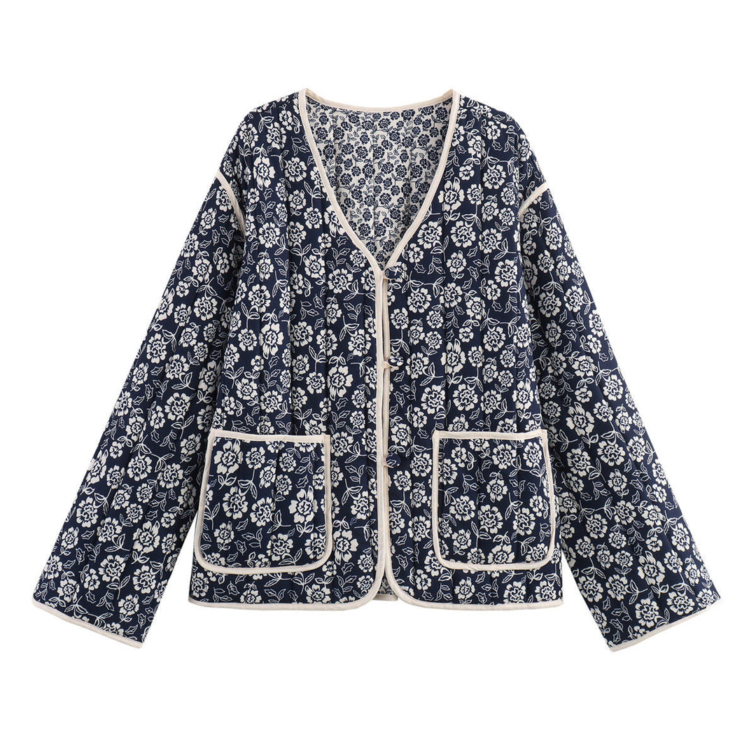 Dam quiltad kimono jacka med floral allover tryck, V-neck, kontrast piping, och påsydda fickor