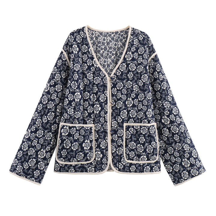 Dam quiltad kimono jacka med floral allover tryck, V-neck, kontrast piping, och påsydda fickor