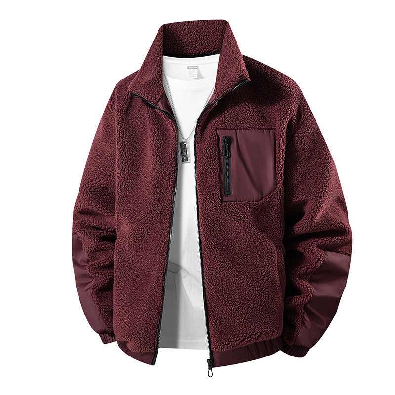 Herr Oversize Teddy Fleece Jacka med Kontrast Nylon Inlägg och Ståkrage