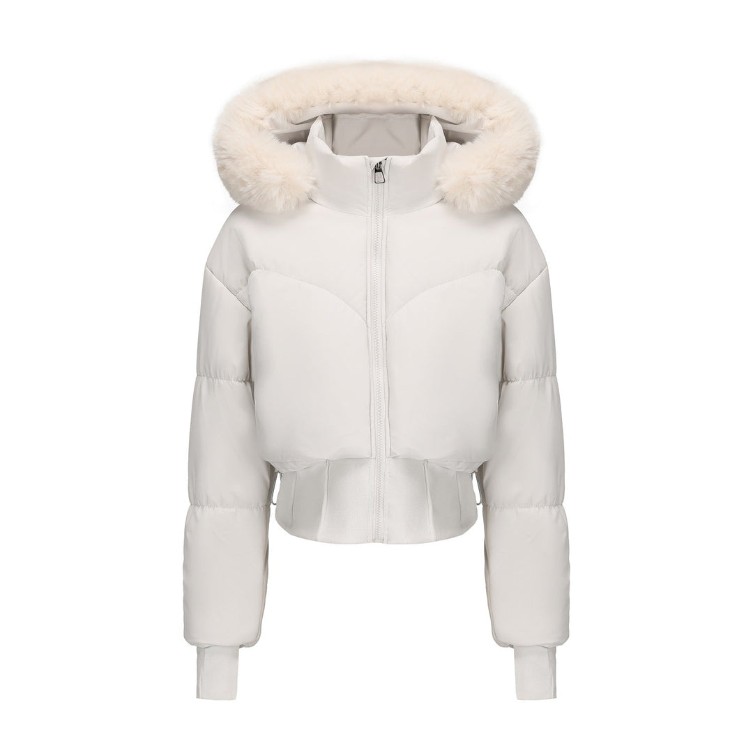 | Dam Cropped Ner Jacka med avtagbar huva och Fusk Päls Trim