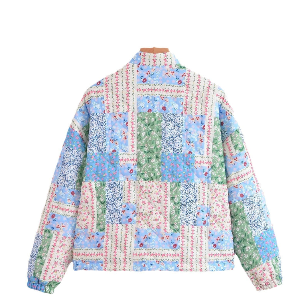 Dam vadderad Patchwork kviltad jacka med Stand krage och Snap Fastening