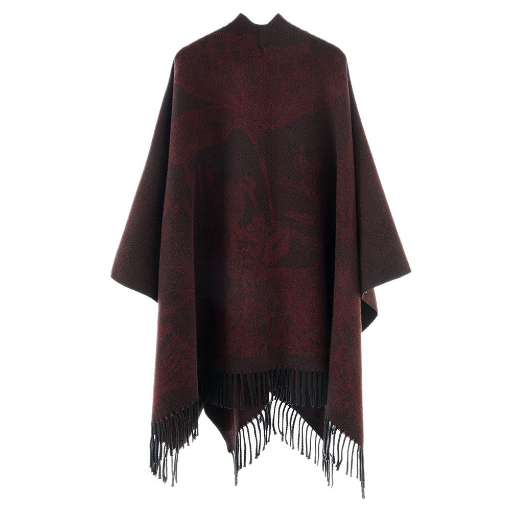 Dam V-Neck capeponcho med floral Jacquard och frayed fåll