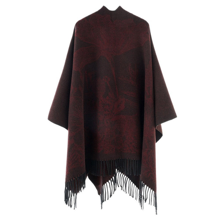Dam V-Neck capeponcho med floral Jacquard och frayed fåll