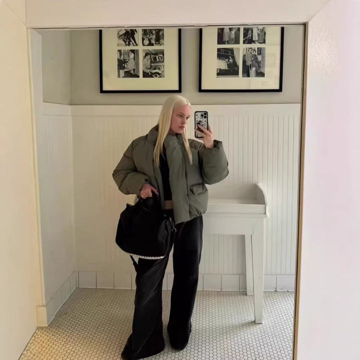 Dam Kort Boxig Funktionell Jacka med Huva, Vadderad Insulation och Diagonal Dragkedja Fickor