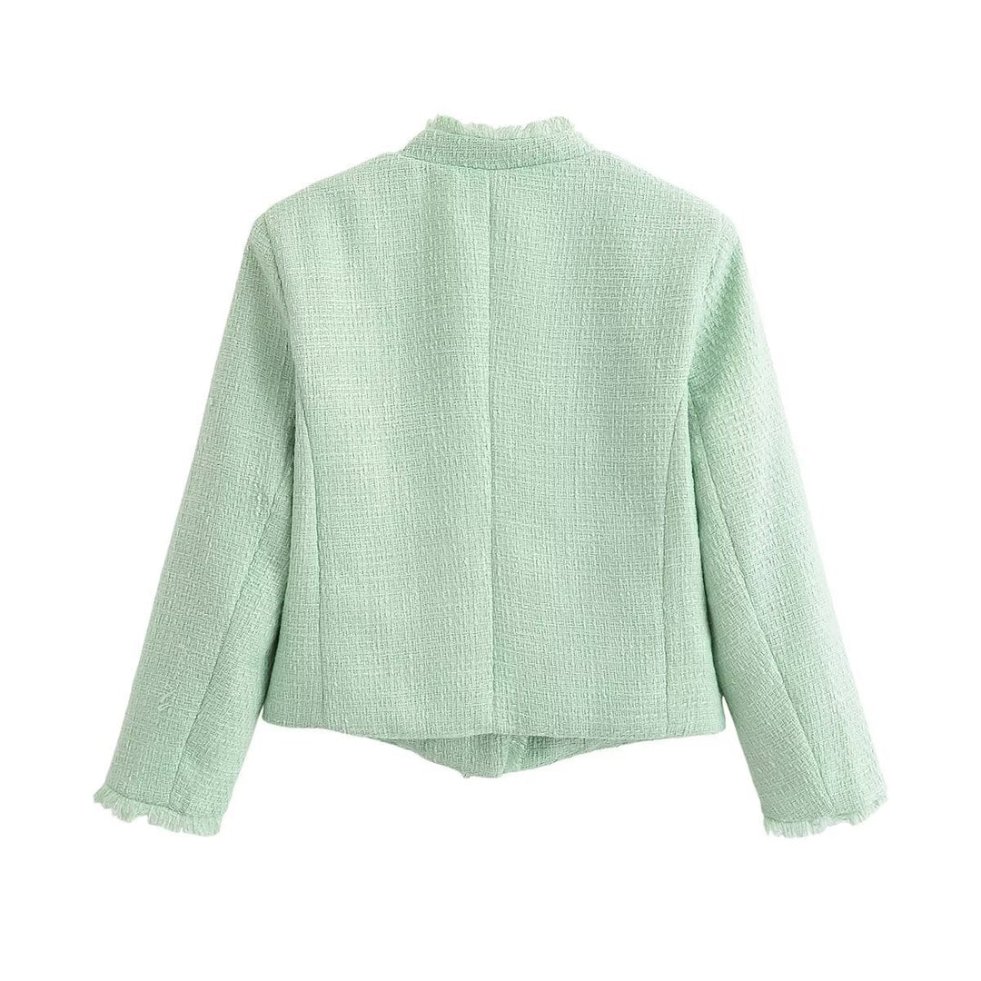 Dam Kort Skärning Bouclé Tweedjacka med Fringe Kant och Round Neckline