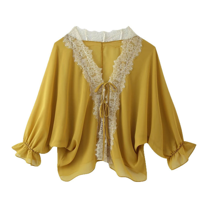 Dam lätt chiffong Kimono med Lace Trim och knytband