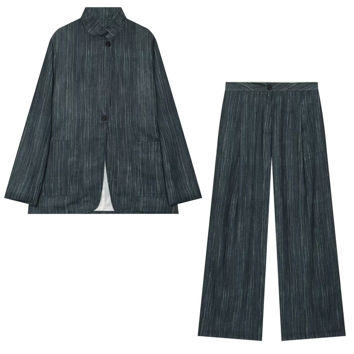 Dam Loose Lång Blazer i Pinstripe Look med Stå Krage och Patch Fickor