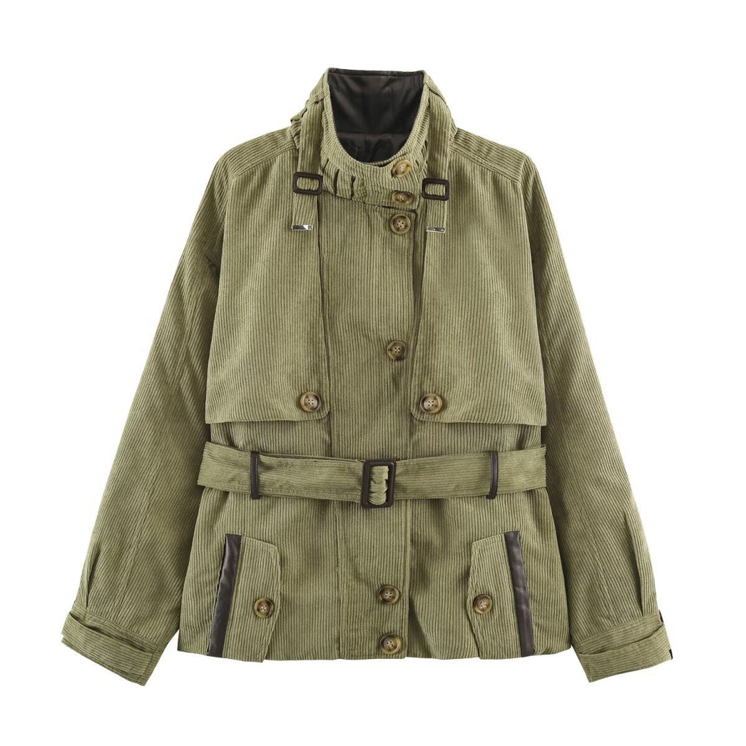 Dam Tailored Cord Fältjacka med Stå Krage Shoulder Yoke och Belt