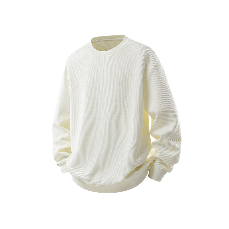 Herr Waffle Stickad Round Neck College-Tröja med Avslappnad Passform och Ribbstickade Muddar Drune