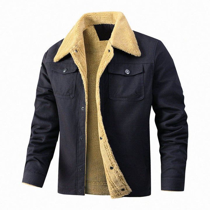 Herr casual Sherpa-lined Canvas Trucker Jacka med skjortkrage