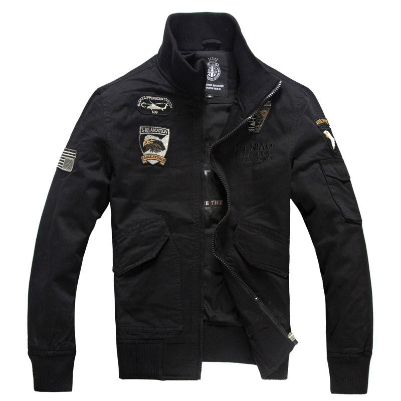 Herr Aviator Canvas Blouson med Embroidered Patches, Ståkrage och Multi-Functional Lock Fickor