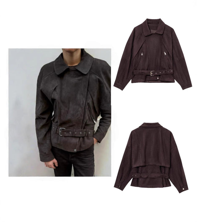 Dam Kort Mocka Look Trenchcoat med Midjebälte och Dragkedja Detaljer