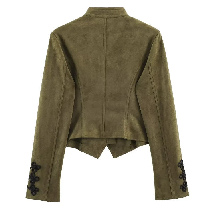 Dam Kort Skärning Suede Jacka i Military Look med Stå Krage och Dekorativ Cord Frog Appliqué