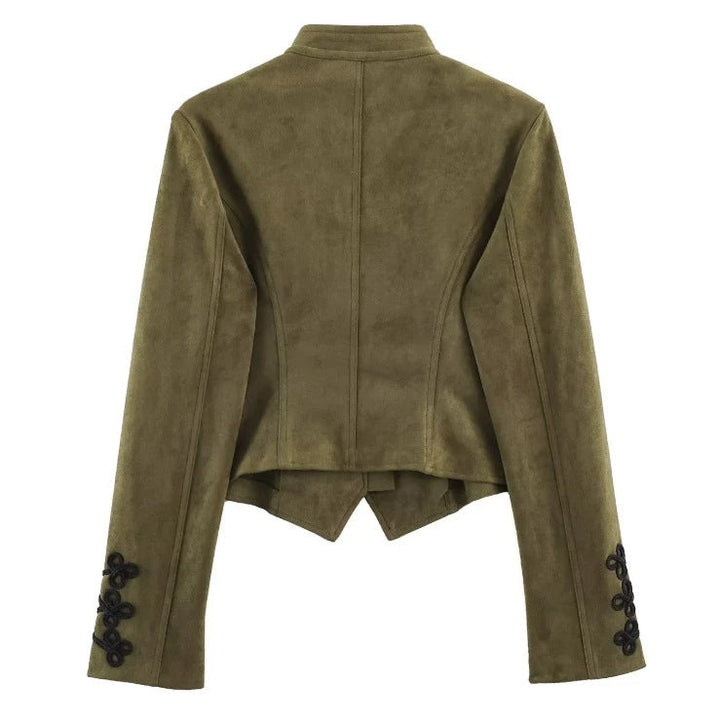 Dam Kort Skärning Suede Jacka i Military Look med Stå Krage och Dekorativ Cord Frog Appliqué
