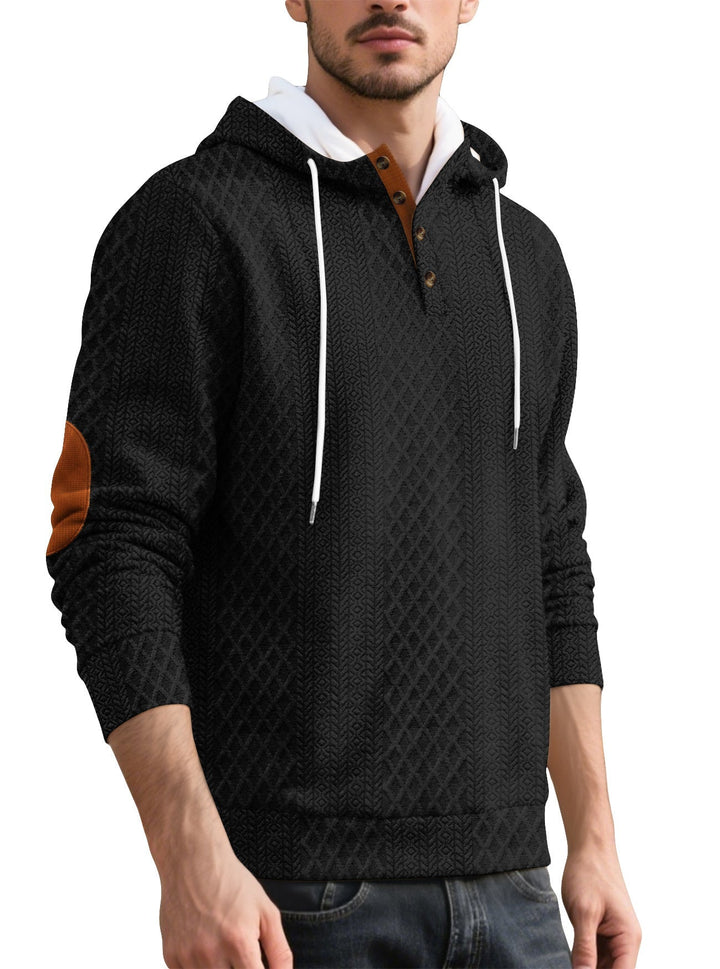 Herr Nan Diamond Structure Luvtröja med Kort Knapplist, Quiltad Huva Inner Edge, och Mocka Elbow Lapp