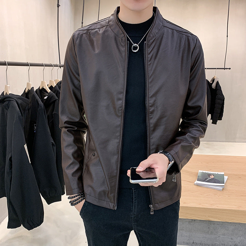 Herr Smal Synthetic Läder Blouson med Standing Krage och Tvåvägsdragkedja