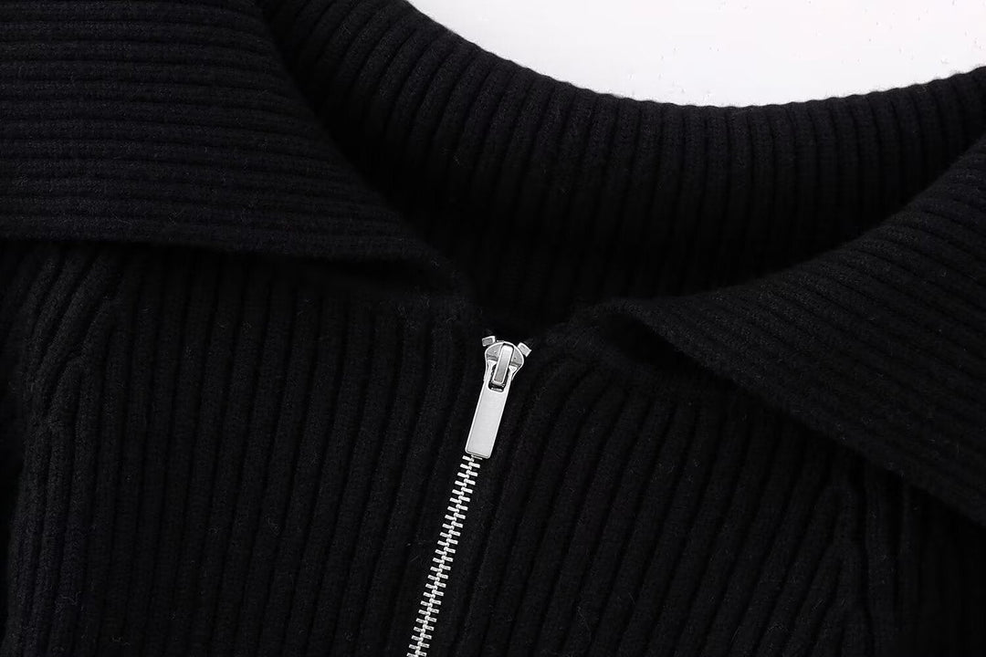 Dam kort skärning Ribbed Knit jacka med vid Off-Shoulder krage och hellång dragkedja
