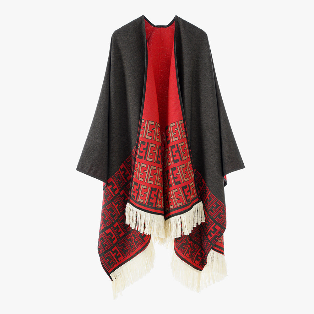 Dam Reversible capeponcho med monogram Border och fransfåll