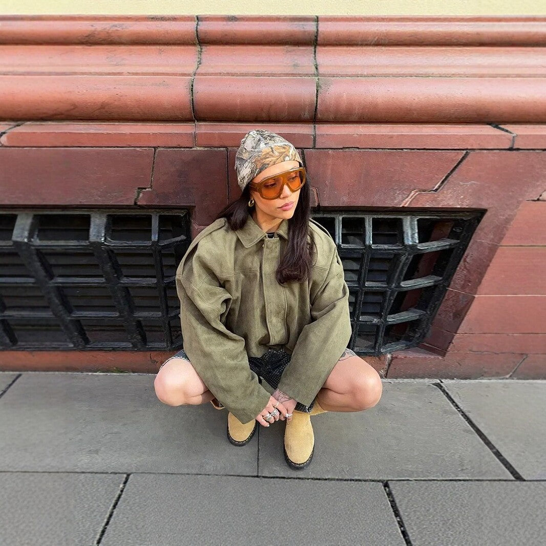 Dam oversize kort Velour Blouson med fåll med dragsko och Shoulder Epaulettes