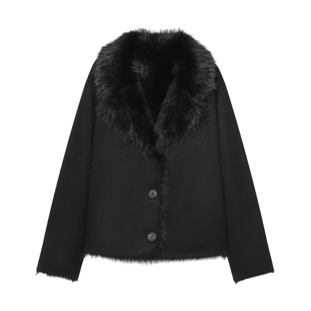 Dam Kort Ullblandning Blouson med Voluminous Konstpäls Krage
