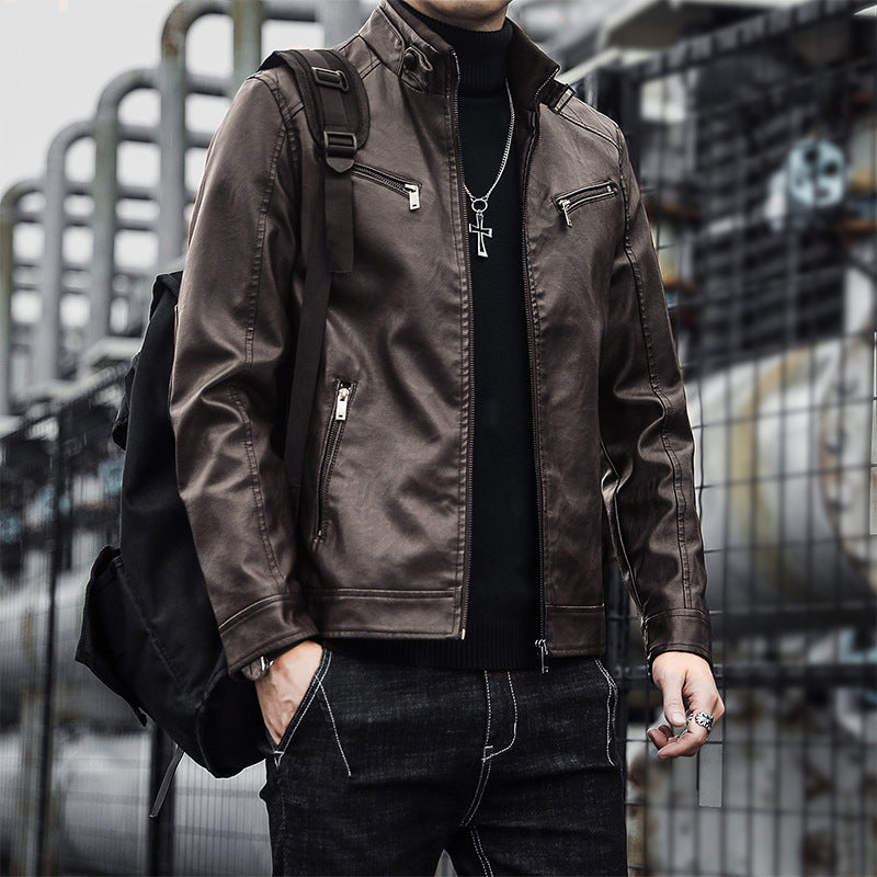 Herr Konstläder Moto Jacka i Aviator Stil med Stående Krage och Funktionell Dragkedjor