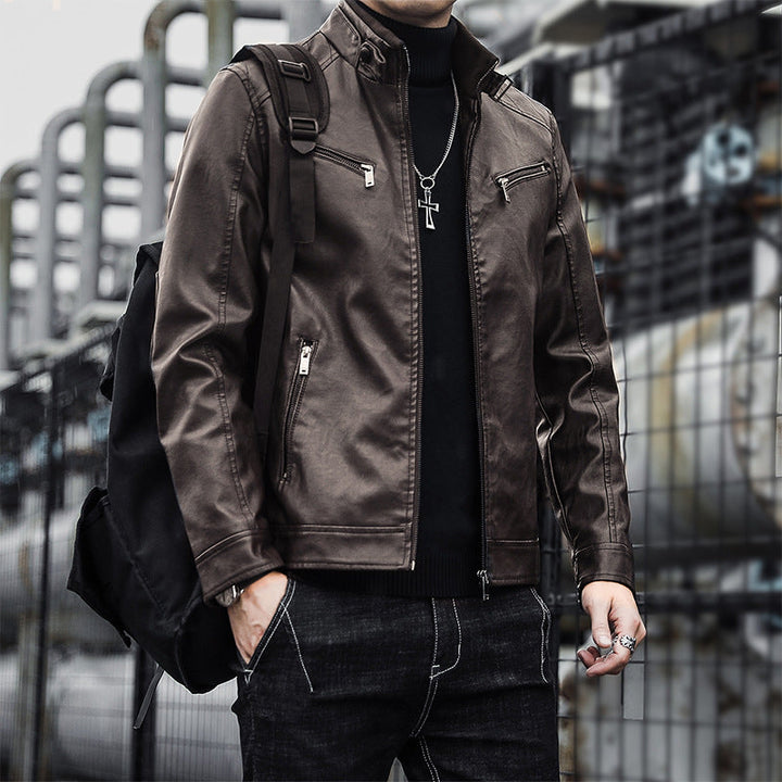 Herr Konstläder Moto Jacka i Aviator Stil med Stående Krage och Funktionell Dragkedjor