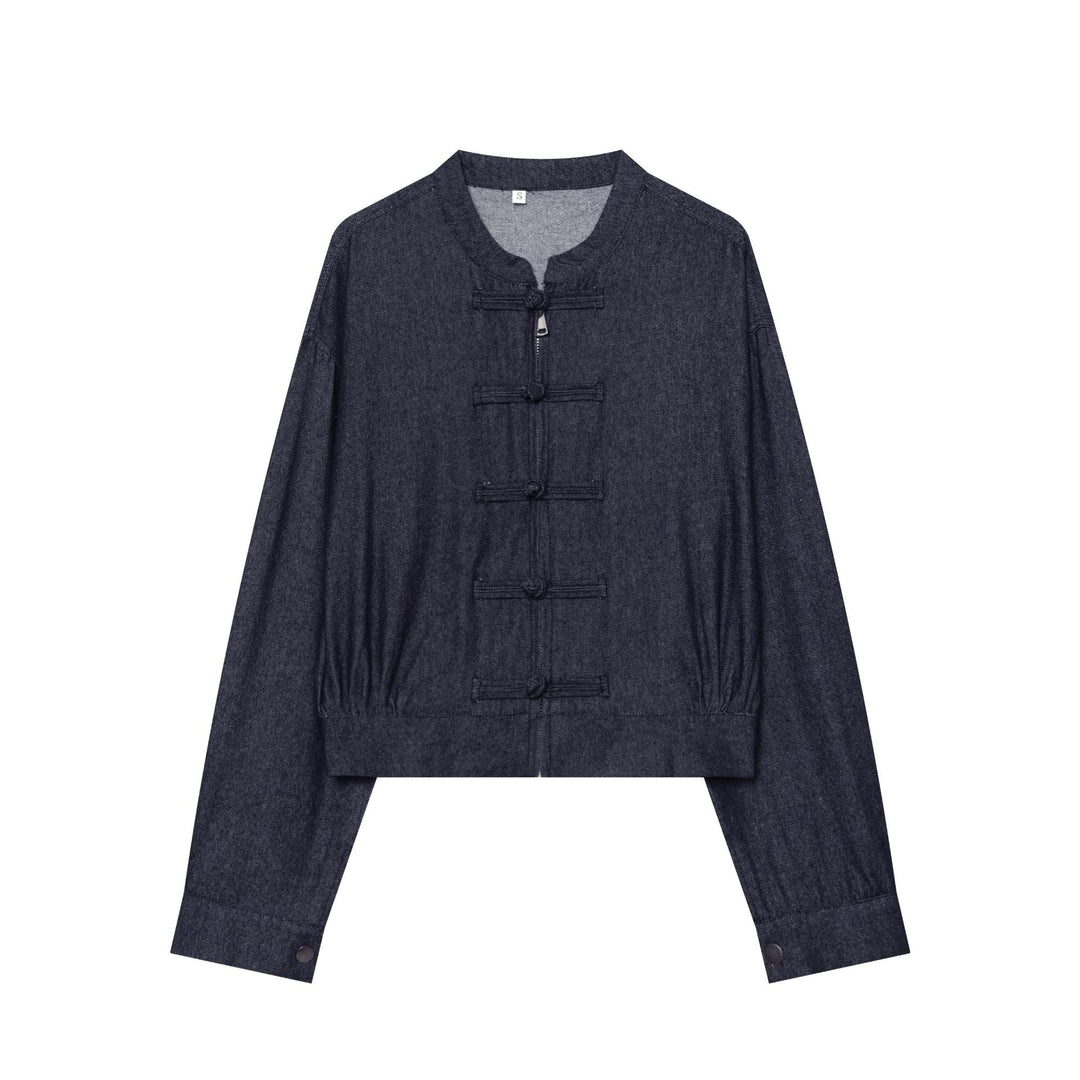 Dam Kort Denim Jacka med Ståkrage och Chinese Toggle Stängningar