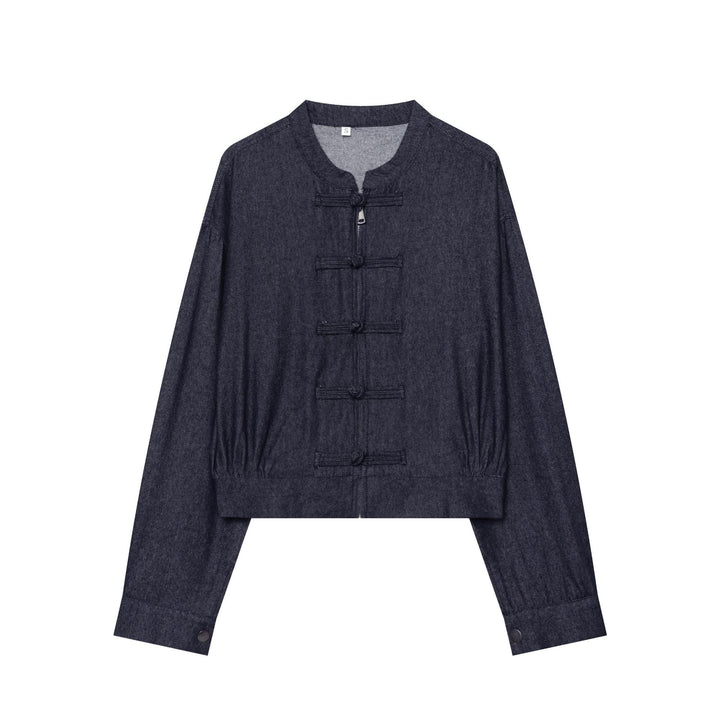 Dam Kort Denim Jacka med Ståkrage och Chinese Toggle Stängningar