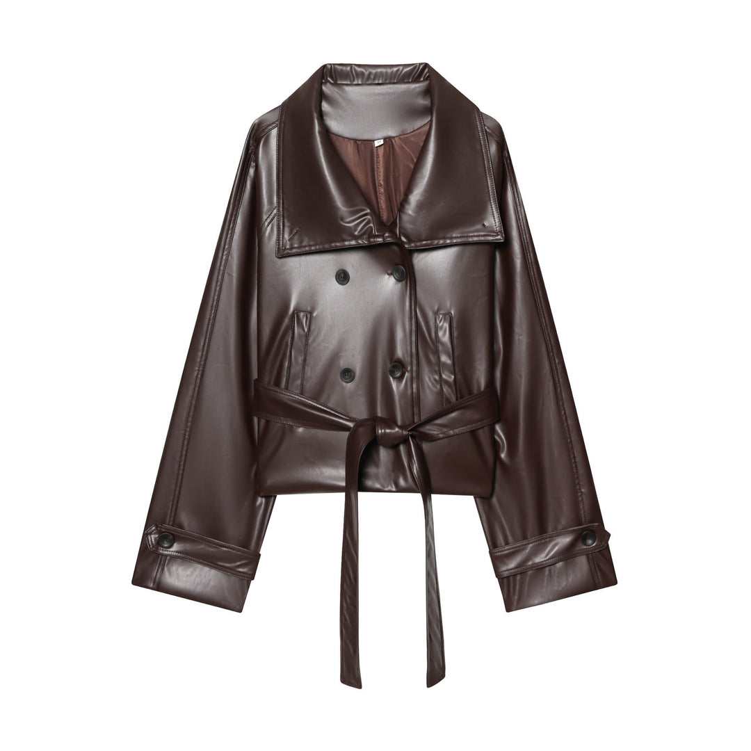 Dam Kort Skärning Faux Läder Trenchcoat med Oversize Lapels, Double-Breasted Knapp Knäppning och Tied Belt