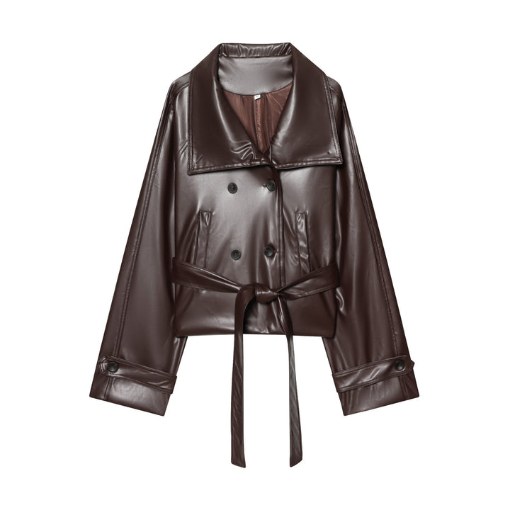 Dam Kort Skärning Faux Läder Trenchcoat med Oversize Lapels, Double-Breasted Knapp Knäppning och Tied Belt
