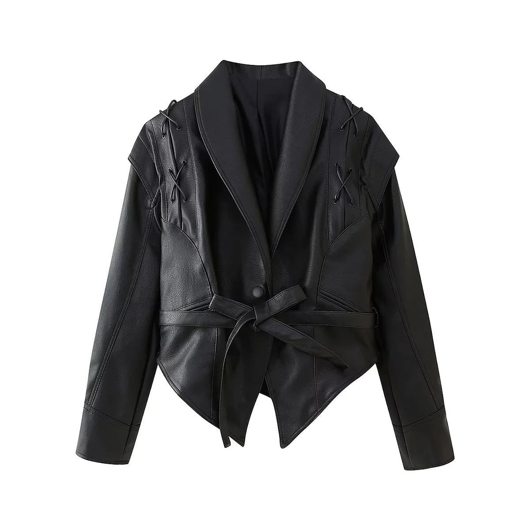Dam kort vegan läderjacka i cropped corset stil med ståkrage