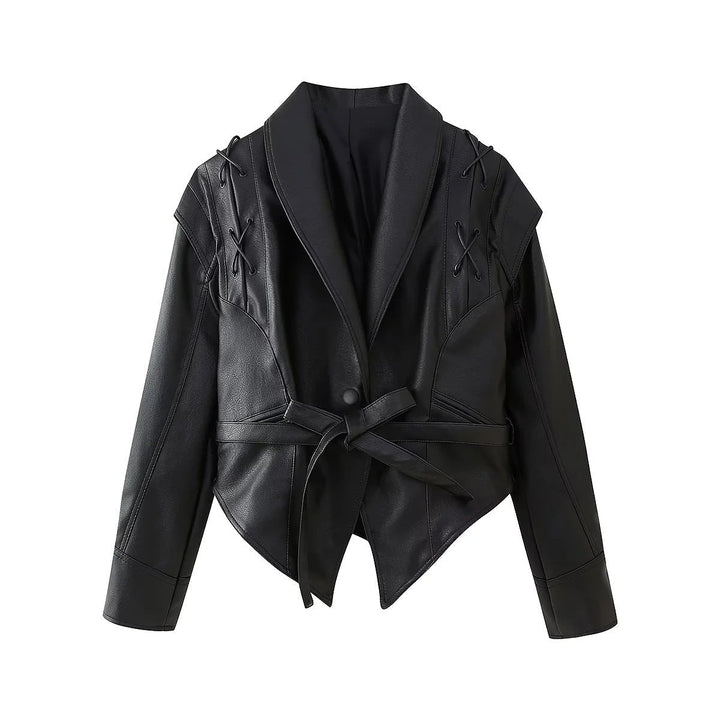 Dam kort vegan läderjacka i cropped corset stil med ståkrage