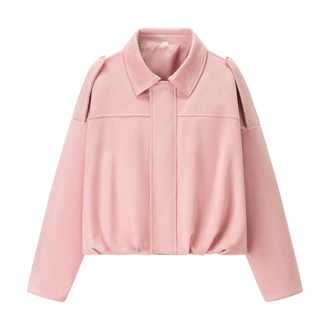 Dam cropped boxy blouse jacka med skjortkrage, concealed front placket, och elastisk fåll