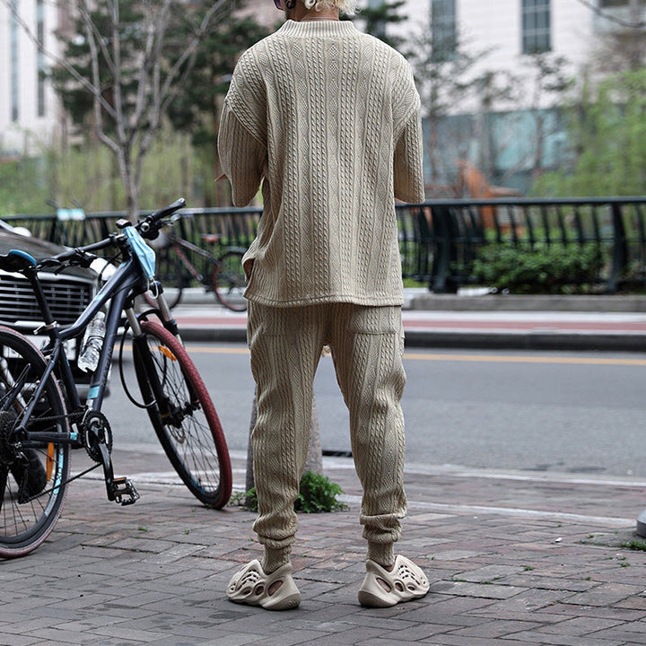 Herr Coarse Stickad Lounge Set med Deep V-ringad och Dragsko Joggingbyxor