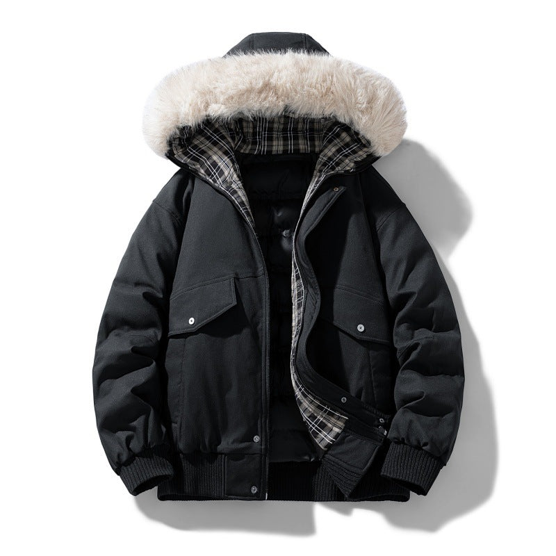Herr Vadderad Vinter Jacka med Faux Fur Huva, Quiltad Checkered Foder och Bomber Muddar
