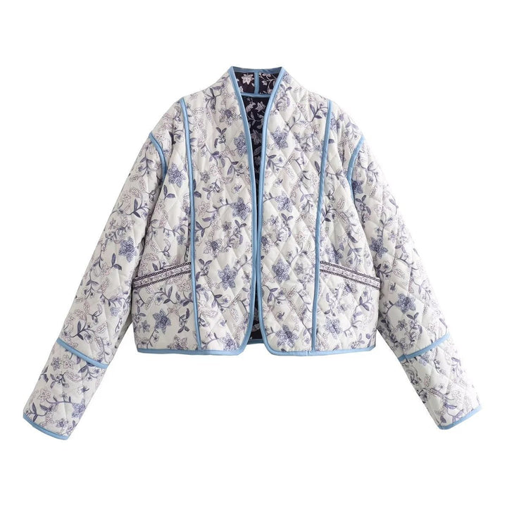 Dam kviltad kort pufferjacka med blommig All-Over mönster och kontrasterande Piping