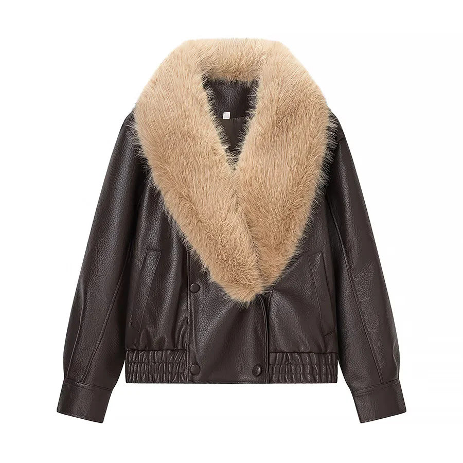 Dam kort-skärning syntetläder blouson med voluminous faux fur sjalkrage