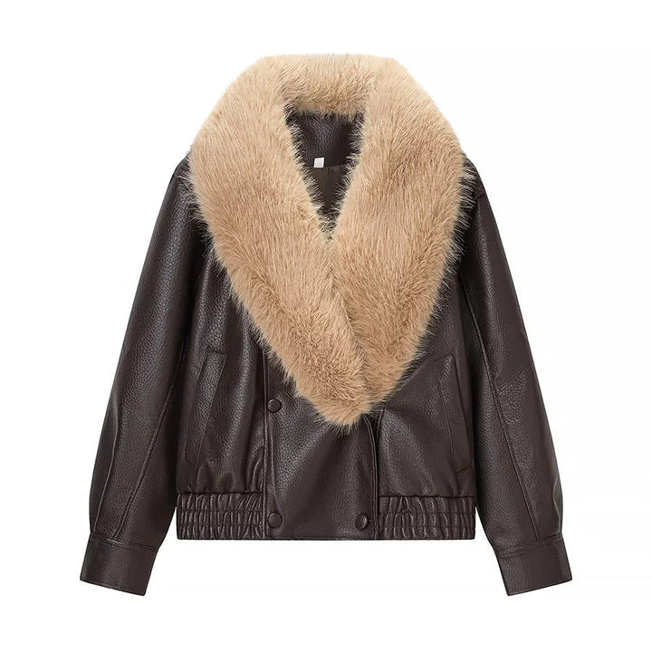 Dam kort-skärning syntetläder blouson med voluminous faux fur sjalkrage